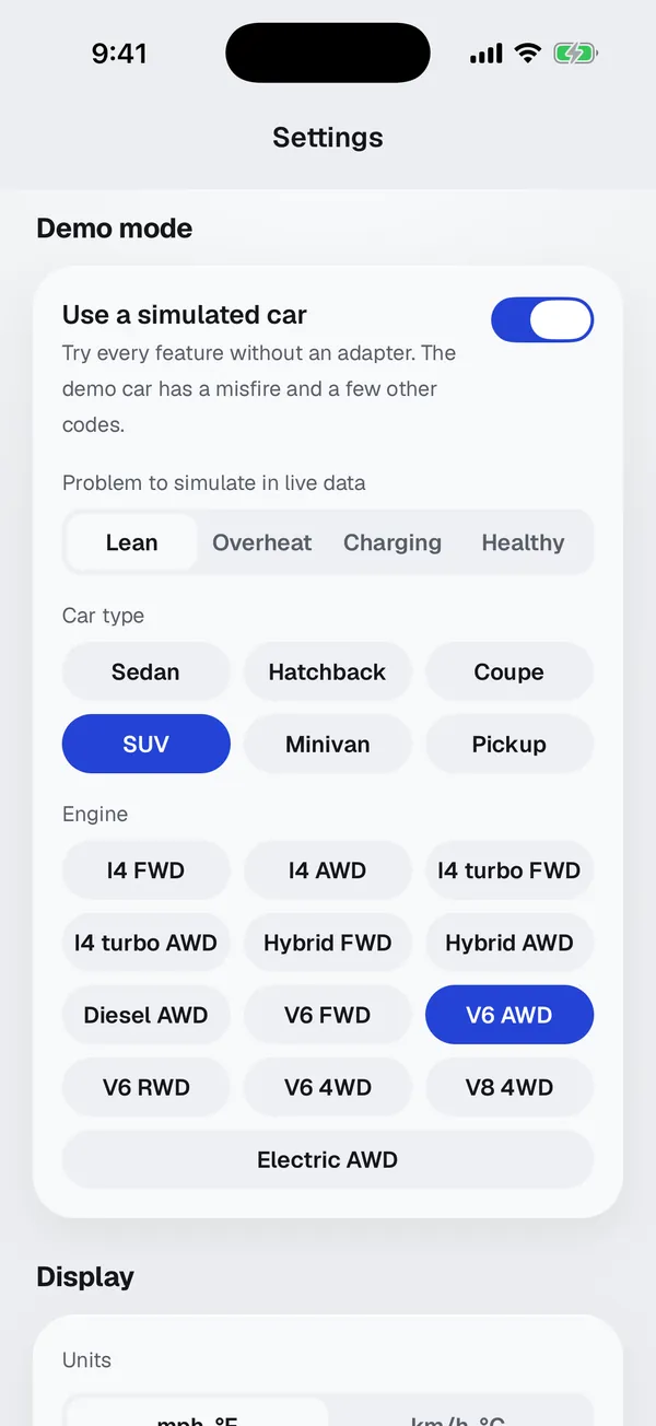 Demo mode settings with a simulated car, a choice of body style and a list of engines
