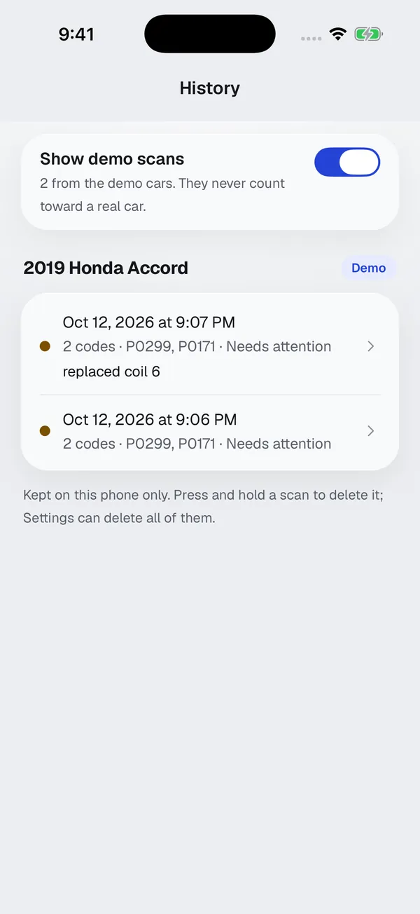 Scan history for a 2019 Honda Accord with two saved scans and a note