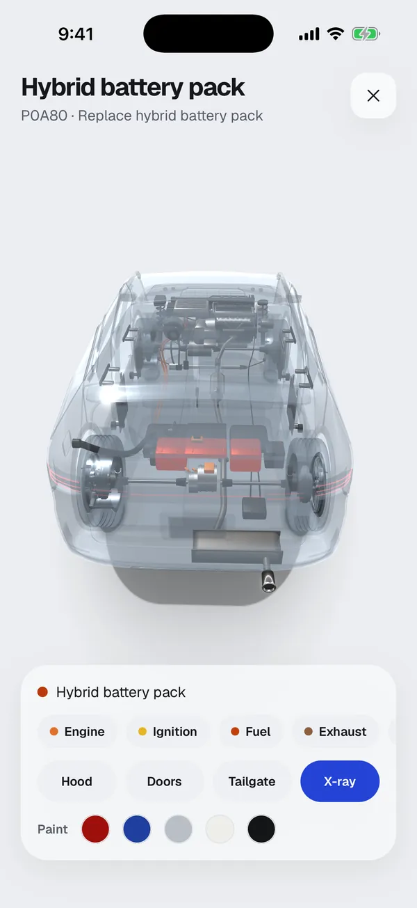 An SUV in x-ray view with the hybrid battery pack glowing, for code P0A80