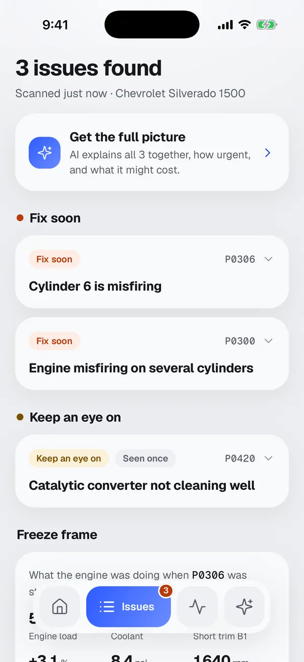 Scan results listing three issues on a Chevrolet Silverado, grouped into fix soon and keep an eye on