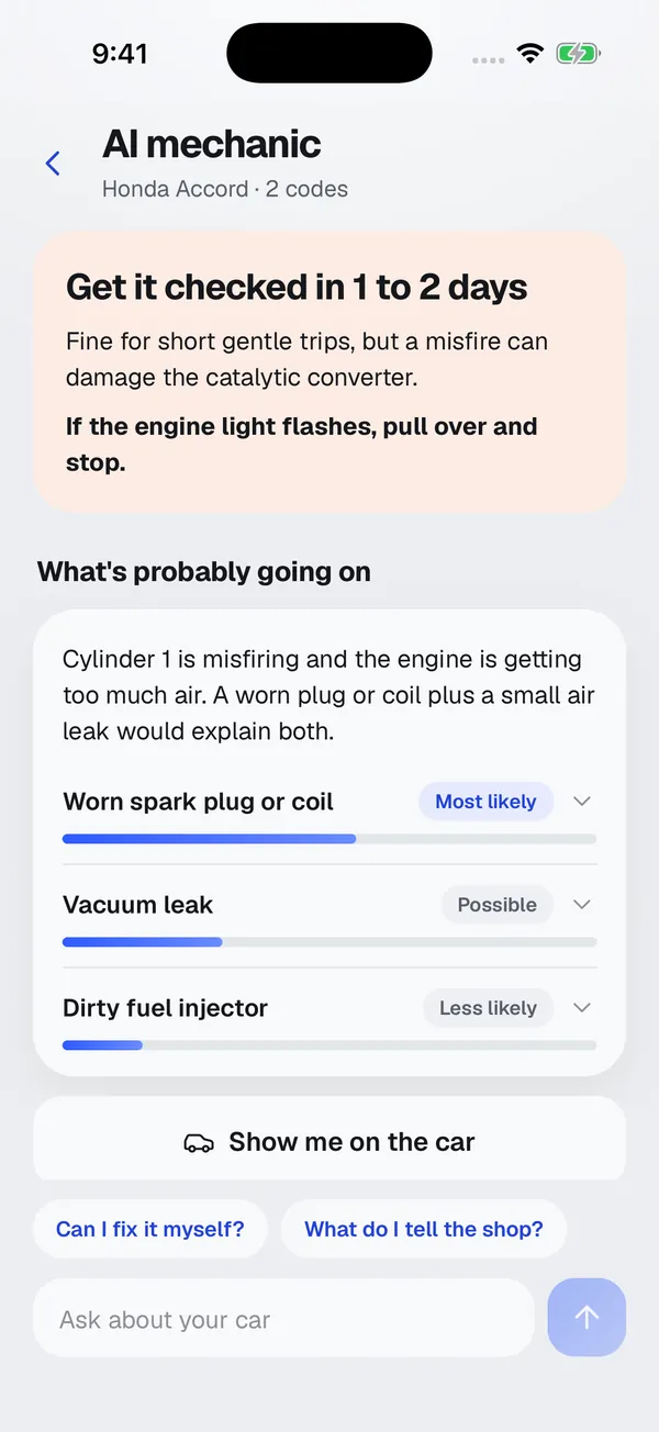 The AI mechanic screen with the verdict Get it checked in 1 to 2 days and three likely causes