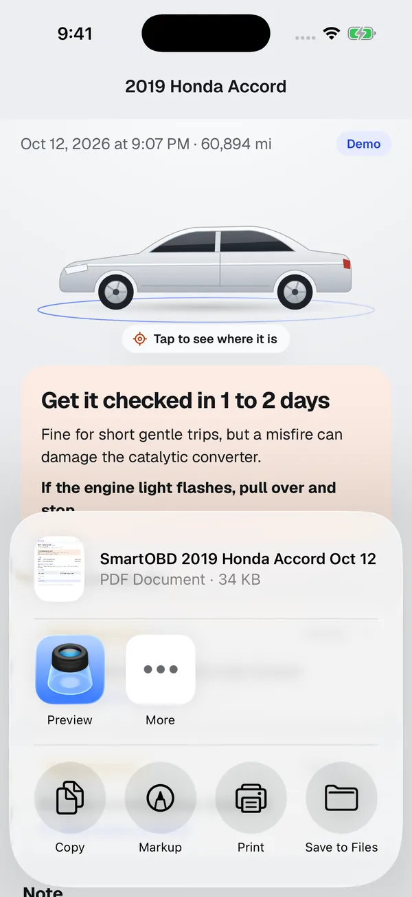 The share sheet with a SmartOBD PDF report ready to send